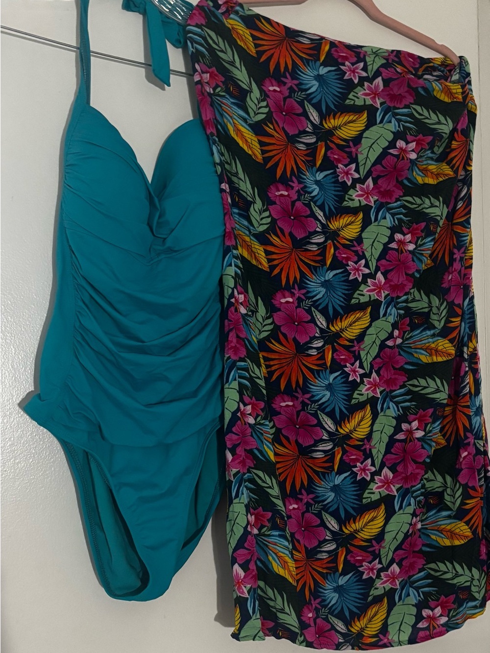Teal One-Piece Swimsuit with Tropical Floral Cover-Up - Picture 1 of 1